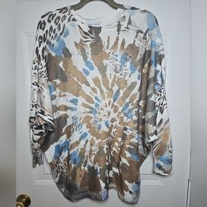 Tempo Paris Ladies Batwing Sweater Tan Blue Animal & Tie Dye Print Size M/L